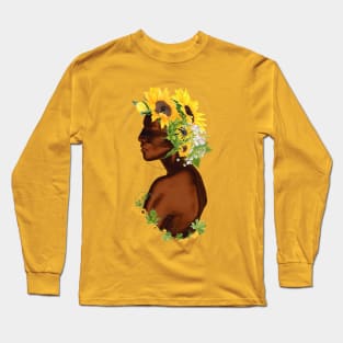 Black Woman with Sunflower Crown Long Sleeve T-Shirt